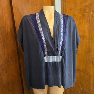 Akemi + Kin Anthropologie Navy Mixed Media Pleated V-Neck Top Womens Medium